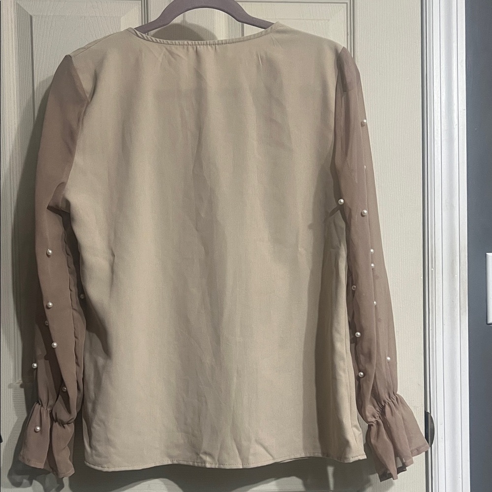SHEIN Beige Blouse with Pearl-Embellished Sheer Sleeves - Picture 4 of 4